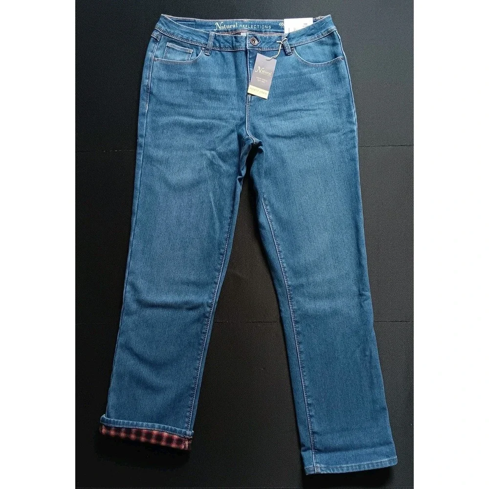 Natural Reflections Jeans Women's 10 Blue Flannel Lined Straight Leg Plaid